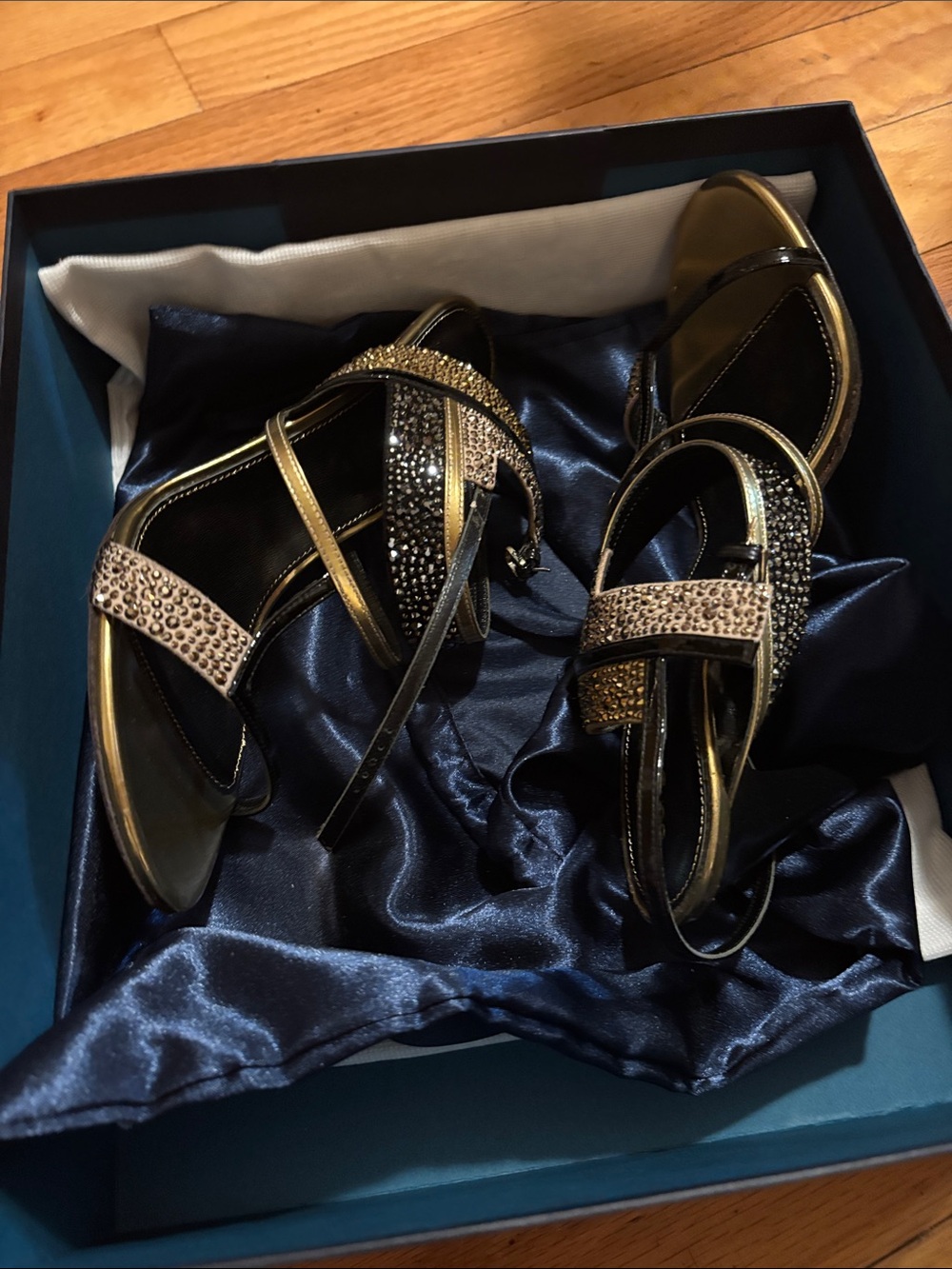 Sergio Rossi Gold and Black Crystal-Strap Heeled Sandals